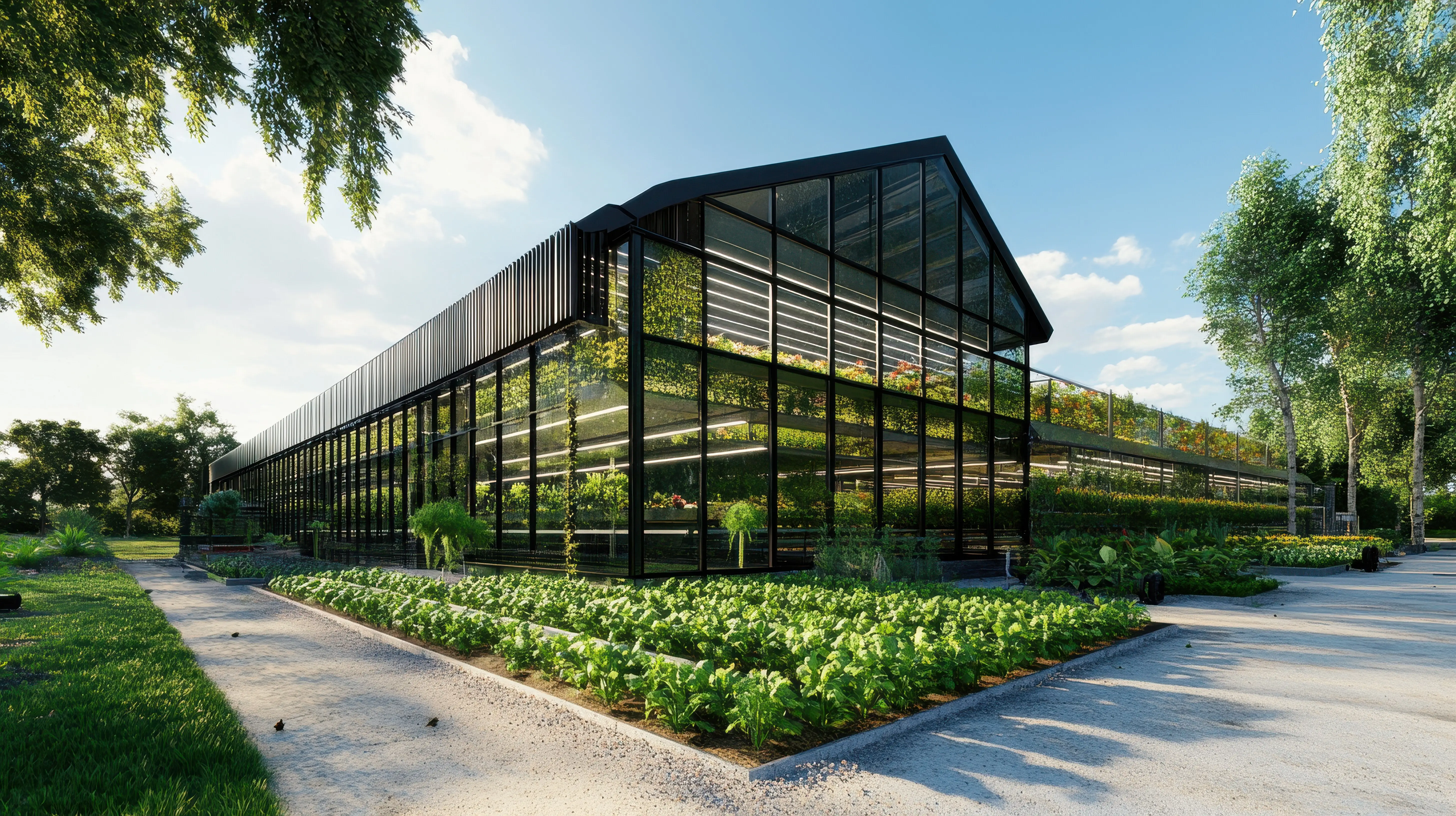 A contemporary greenhouse highlighting sustainable plant cultivation and gardening methods.