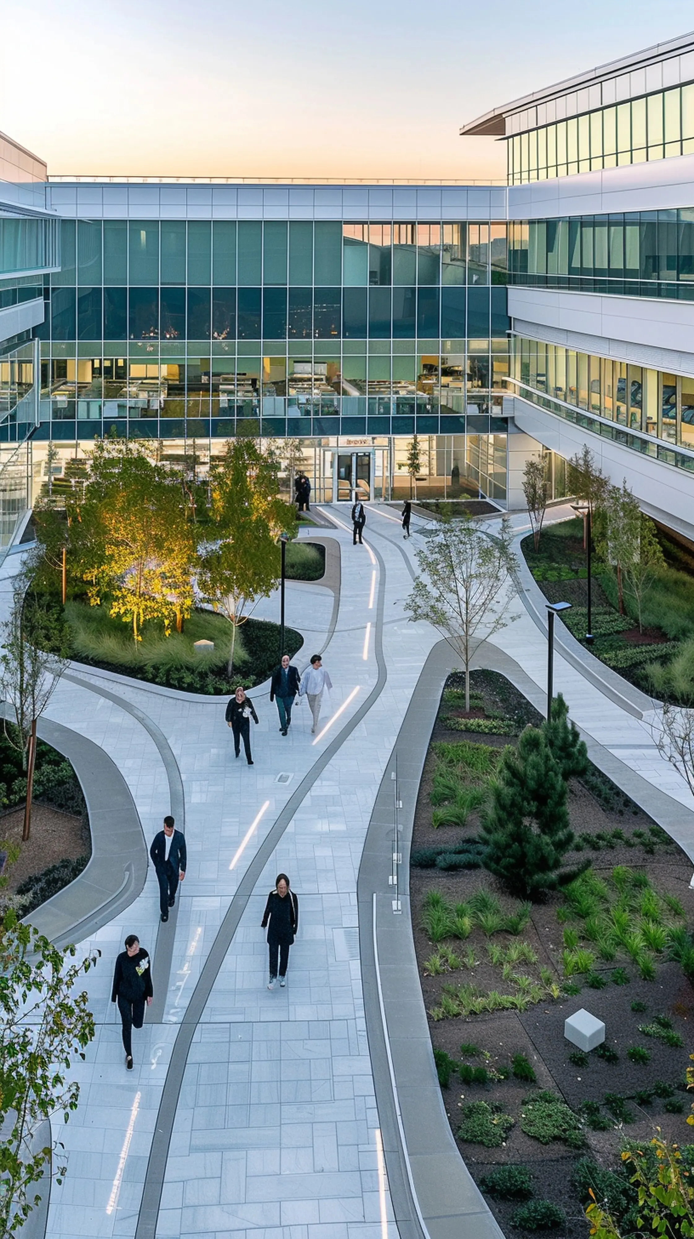 Photo of a newly built, renovated, and expanded corporate facility, captured from a bird’s-eye, top outdoor exterior view, featuring modern architectural style, bright daytime lighting, and wide-angle lenses.
