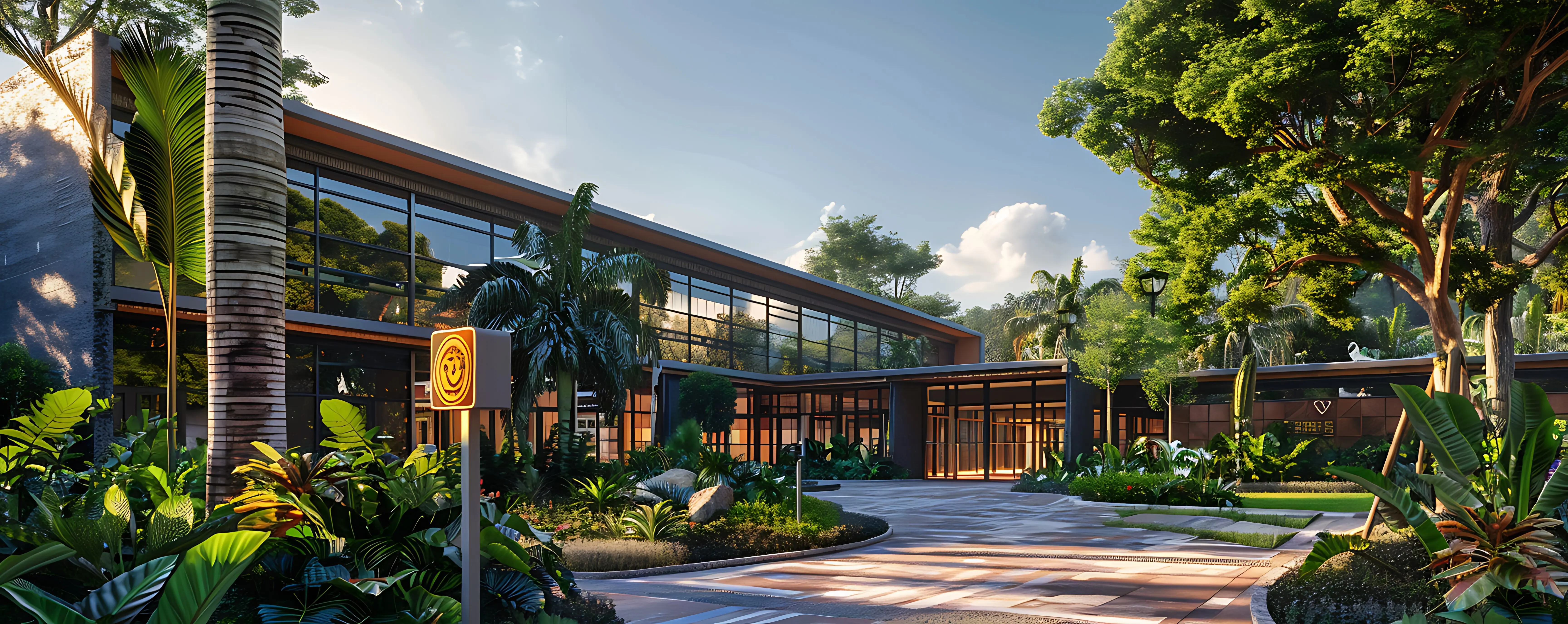 Inviting school exterior with clear signage and lush landscaping