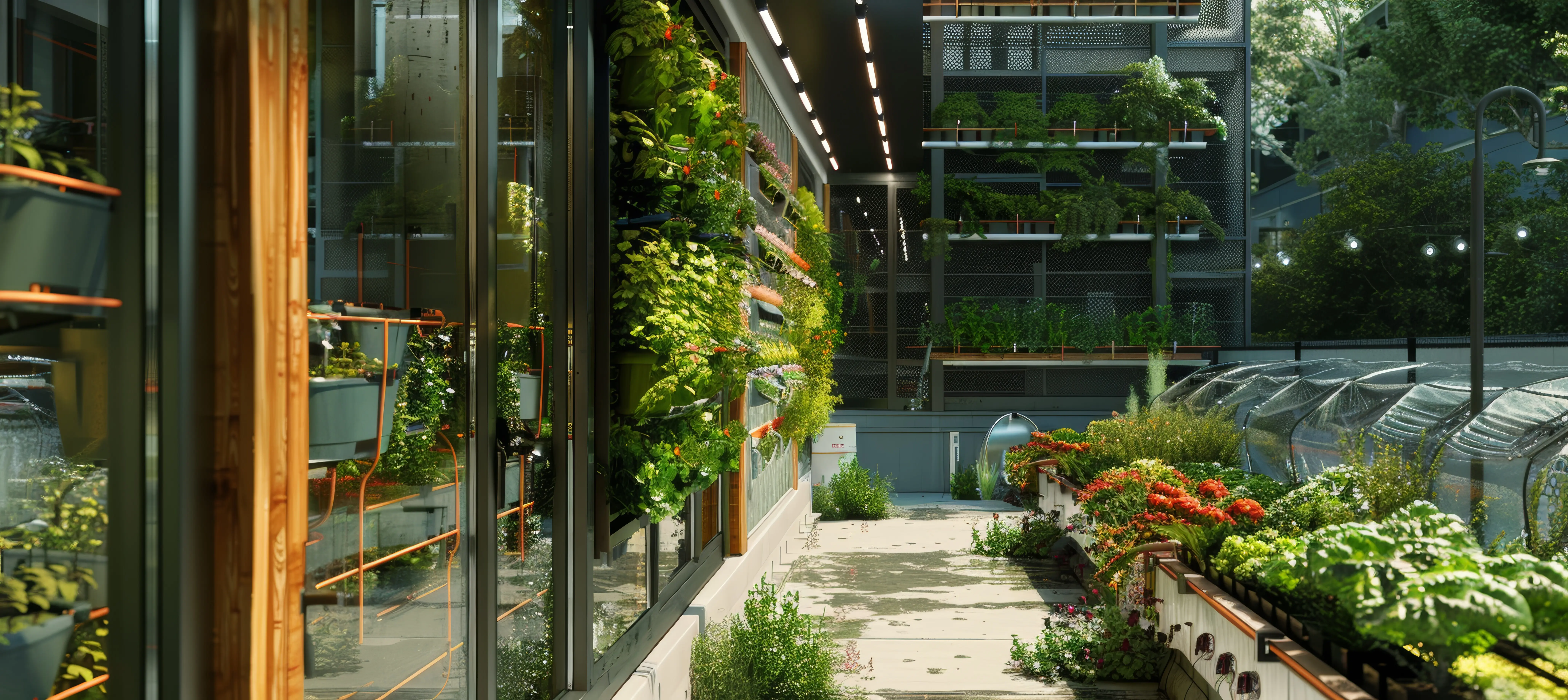 Cutting-edge urban farming on multi-level balconies with vertical gardens and hydroponic systems
